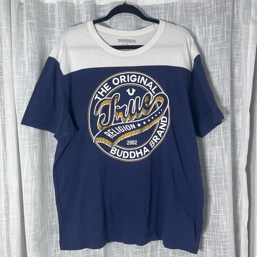 2002 True Religion Buddha Brand Graphic Tee Navy Blue Short Sleeve Sz 2XL